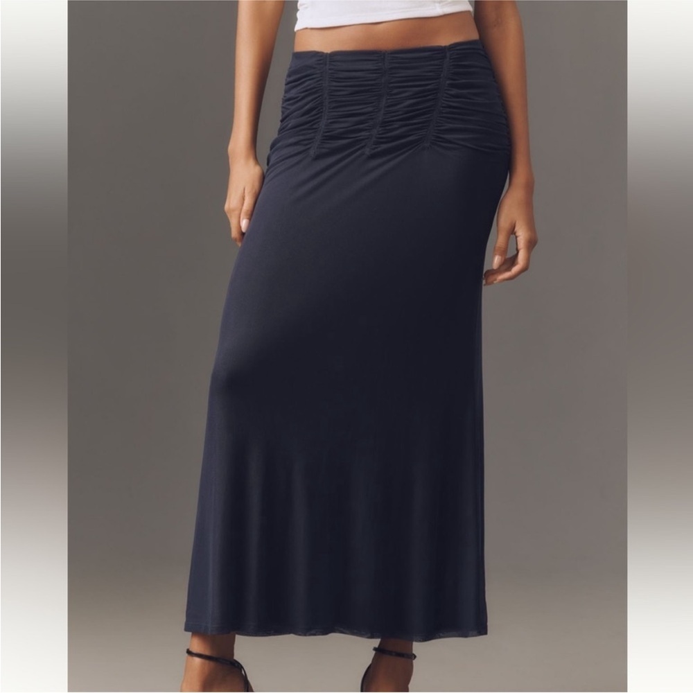 Anthropologie Maeve Ruched Yoke Column Maxi Skirt XL Navy NWT - Picture 3 of 8
